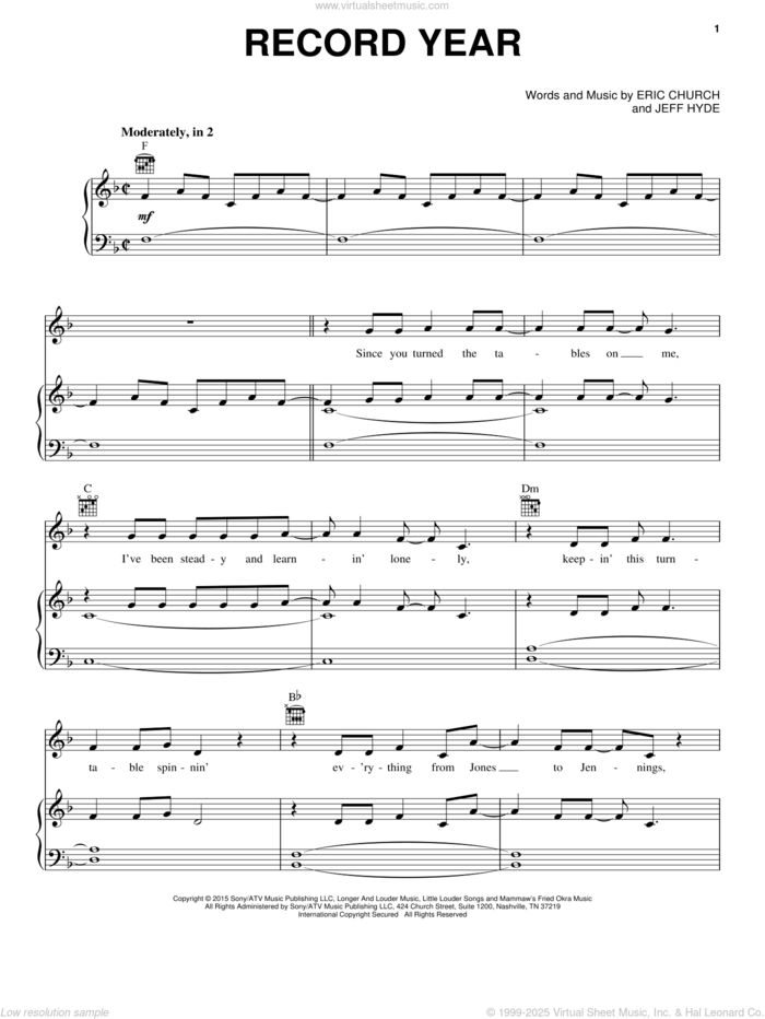 Record Year sheet music for voice, piano or guitar by Eric Church and Jeff Hyde, intermediate skill level