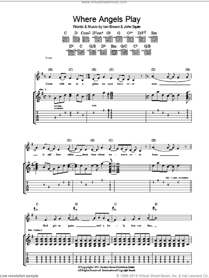 Where Angels Play sheet music for guitar (tablature) by The Stone Roses, Ian Brown and John Squire, intermediate skill level