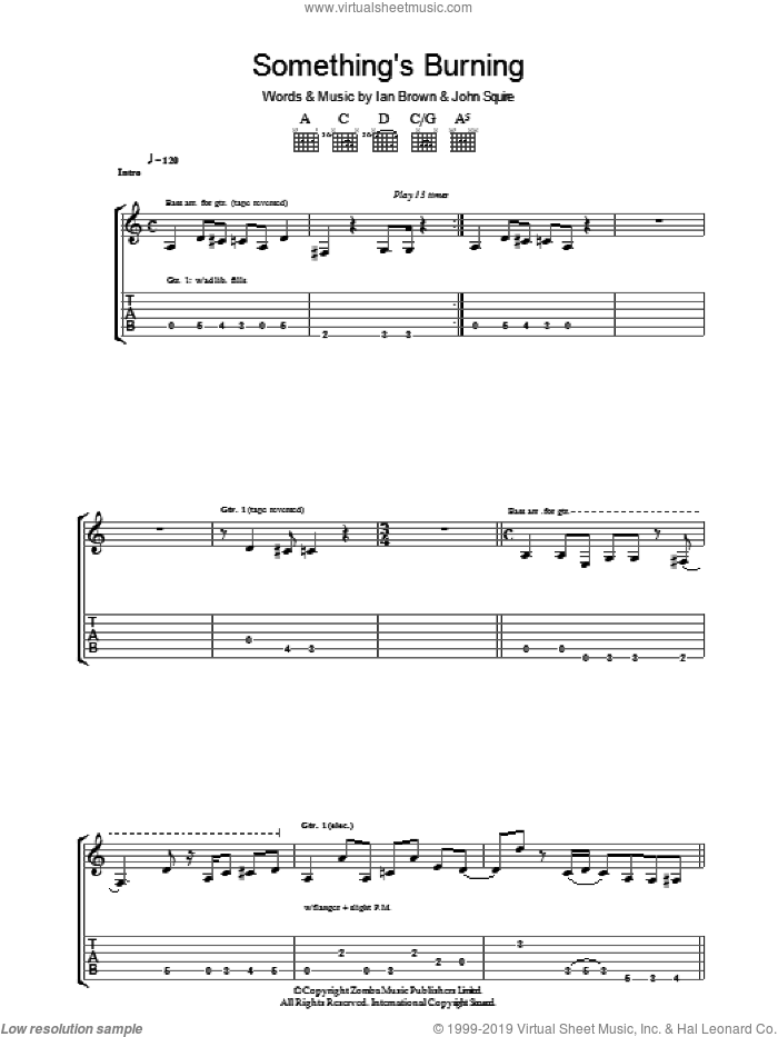Something's Burning sheet music for guitar (tablature) by The Stone Roses, Ian Brown and John Squire, intermediate skill level
