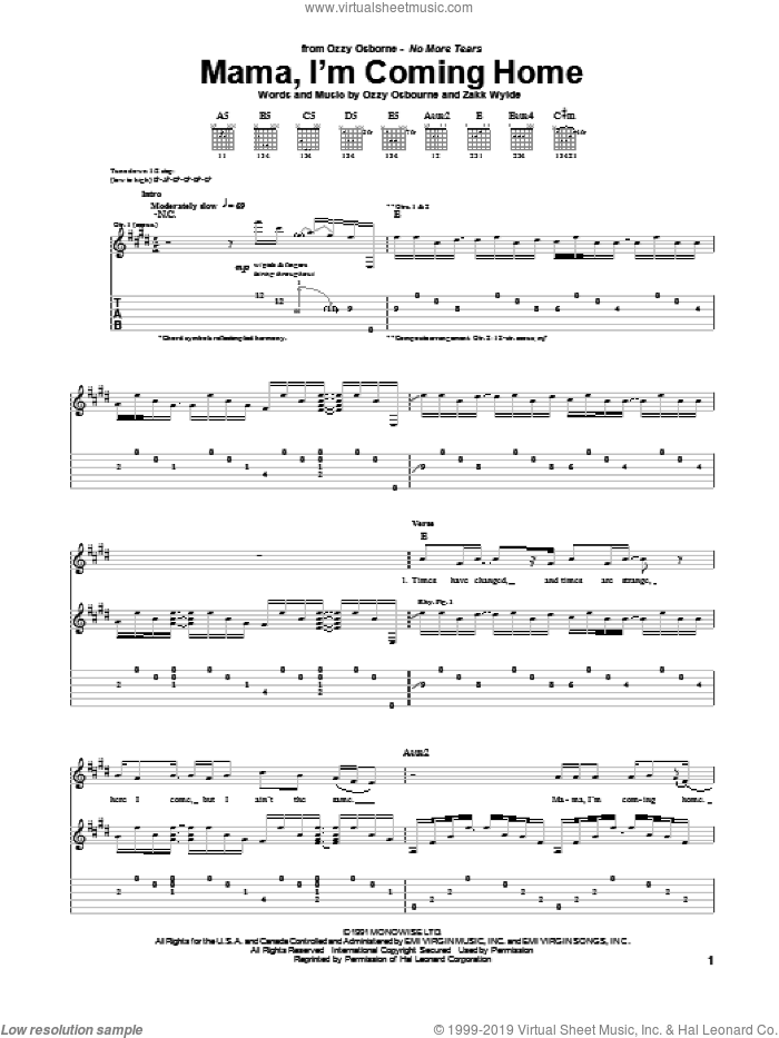 Mama, I'm Coming Home sheet music for guitar (tablature) by Ozzy Osbourne and Zakk Wylde, intermediate skill level