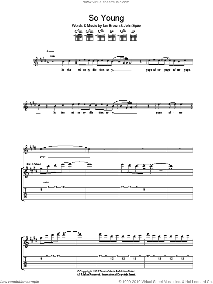 So Young sheet music for guitar (tablature) by The Stone Roses, Ian Brown and John Squire, intermediate skill level