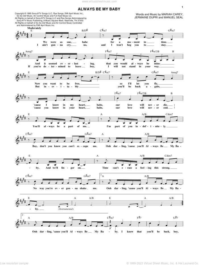 Always Be My Baby sheet music for voice and other instruments (fake book) by Mariah Carey, David Cook, Jermaine Dupri and Manuel Seal, intermediate skill level