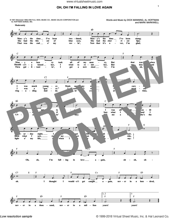 Oh, Oh I'm Falling In Love Again sheet music for voice and other instruments (fake book) by Jimmie Rodgers, Al Hoffman, Dick Manning and Mark Markwell, intermediate skill level
