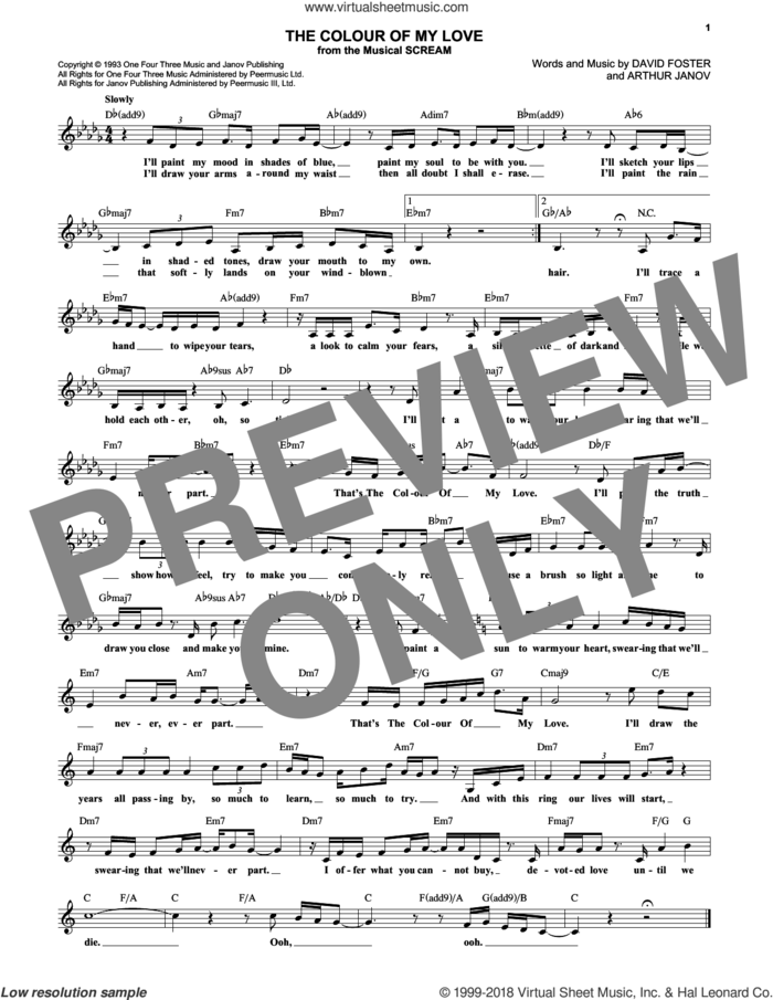 The Colour Of My Love sheet music for voice and other instruments (fake book) by Celine Dion, Arthur Janov and David Foster, intermediate skill level