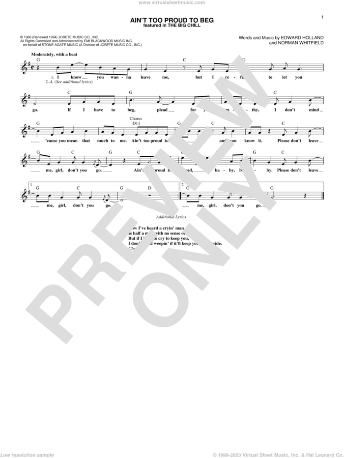 Ain't Too Proud To Beg sheet music for voice and other instruments (fake book) by The Temptations, The Rolling Stones, Edward Holland Jr. and Norman Whitfield, intermediate skill level