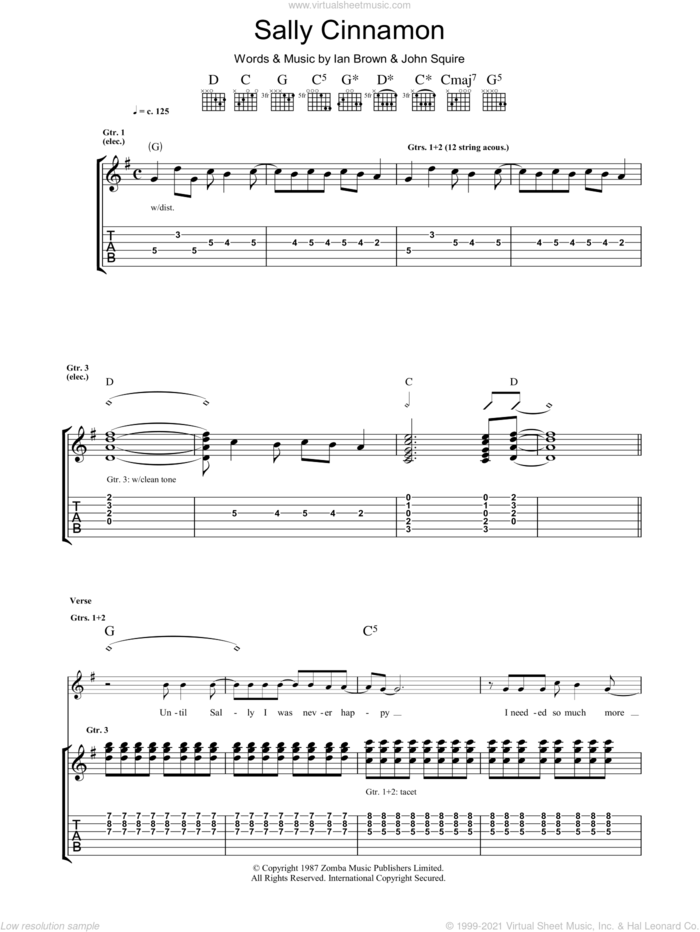 Sally Cinnamon sheet music for guitar (tablature) by The Stone Roses, Ian Brown and John Squire, intermediate skill level