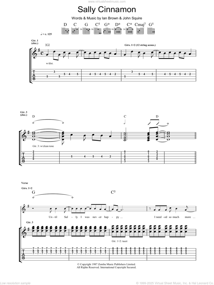 Sally Cinnamon sheet music for guitar (tablature) by The Stone Roses, Ian Brown and John Squire, intermediate skill level