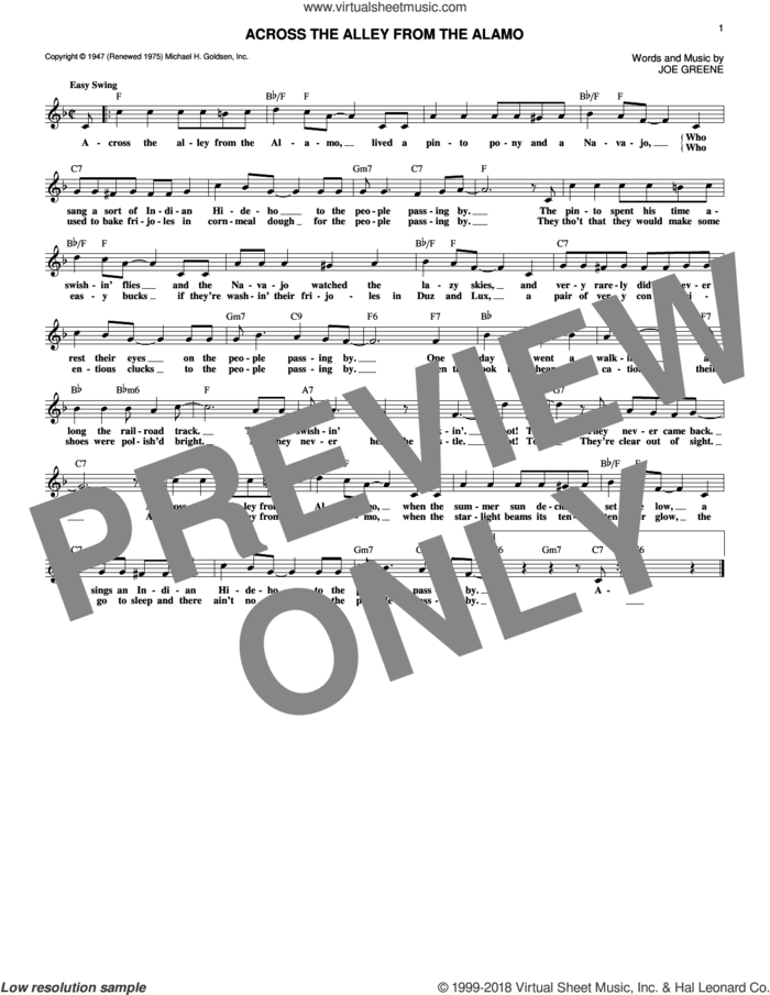 Across The Alley From The Alamo sheet music for voice and other instruments (fake book) by Joe Greene, intermediate skill level