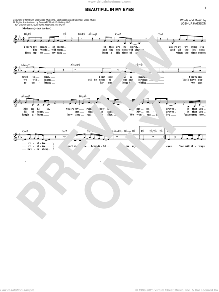 Beautiful In My Eyes sheet music for voice and other instruments (fake book) by Joshua Kadison, wedding score, intermediate skill level