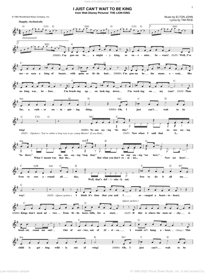 I Just Can't Wait To Be King (from The Lion King) sheet music for voice and other instruments (fake book) by Elton John and Tim Rice, intermediate skill level