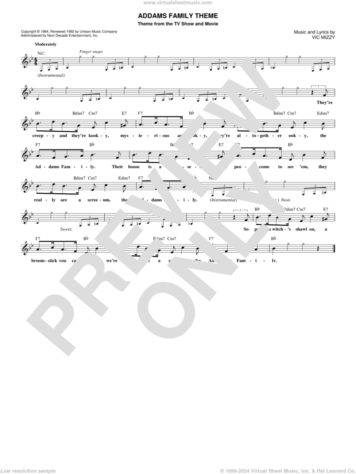 The Addams Family Theme sheet music for voice and other instruments (fake book) by Vic Mizzy, intermediate skill level