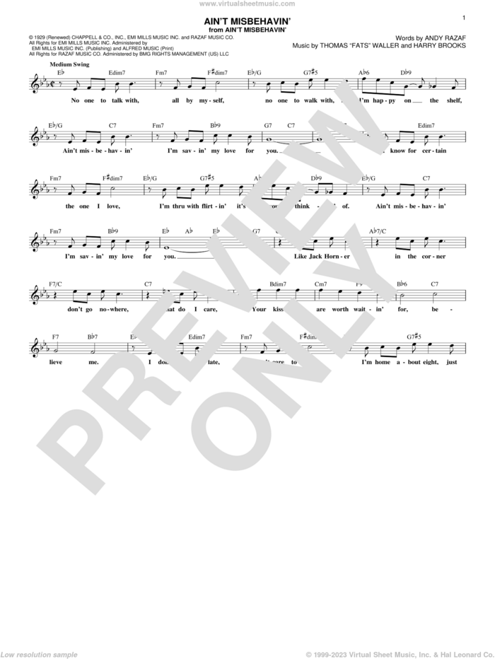 Ain't Misbehavin' sheet music for voice and other instruments (fake book) by Andy Razaf, Hank Williams, Jr., Thomas Waller and Harry Brooks, intermediate skill level