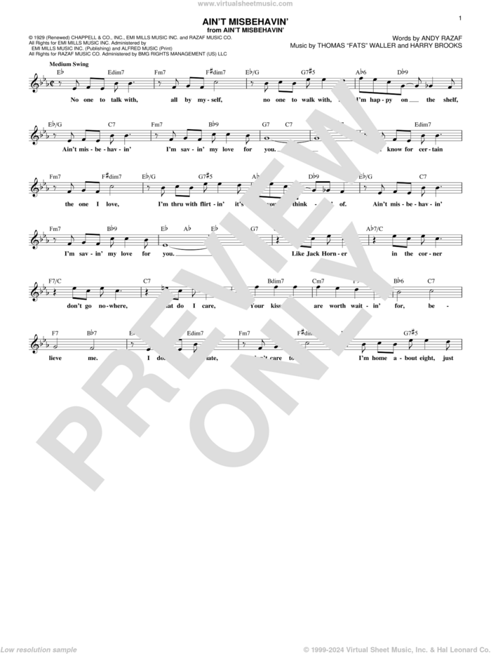 Ain't Misbehavin' sheet music for voice and other instruments (fake book) by Andy Razaf, Hank Williams, Jr., Thomas Waller and Harry Brooks, intermediate skill level