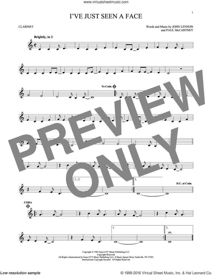 I've Just Seen A Face sheet music for clarinet solo by The Beatles, John Lennon and Paul McCartney, intermediate skill level