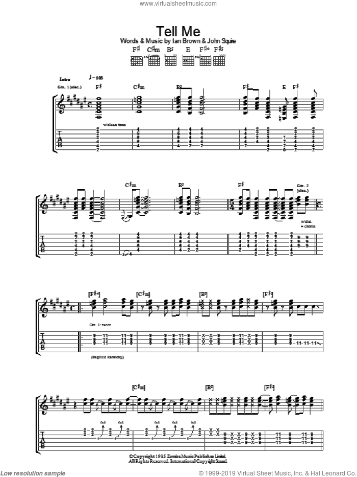 Tell Me sheet music for guitar (tablature) by The Stone Roses, Ian Brown and John Squire, intermediate skill level