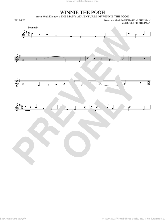 Winnie The Pooh (from The Many Adventures Of Winnie The Pooh) sheet music for trumpet solo by Sherman Brothers, Richard M. Sherman and Robert B. Sherman, intermediate skill level