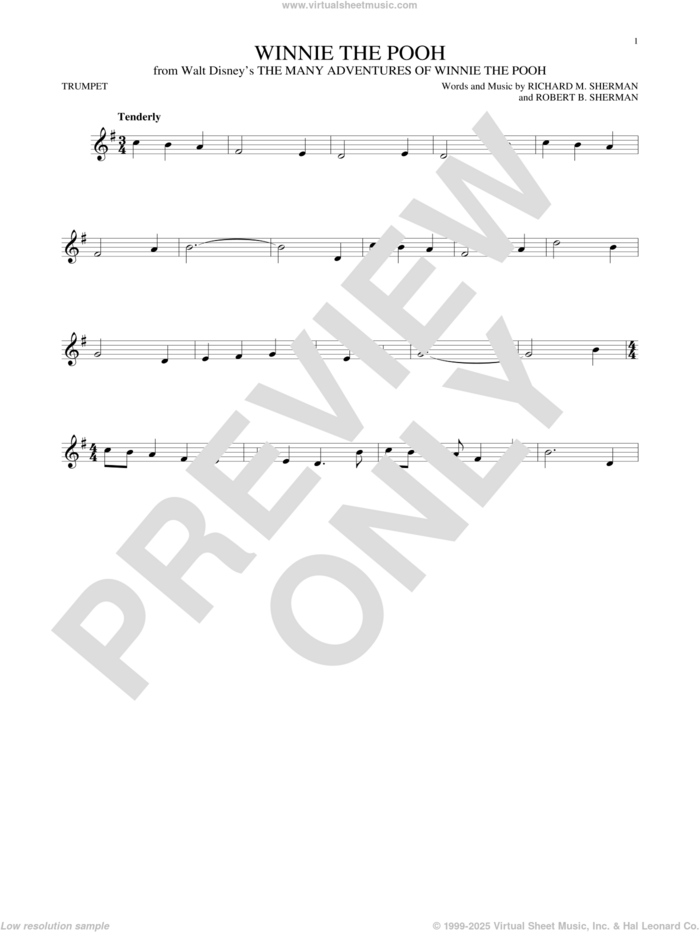 Winnie The Pooh (from The Many Adventures Of Winnie The Pooh) sheet music for trumpet solo by Sherman Brothers, Richard M. Sherman and Robert B. Sherman, intermediate skill level