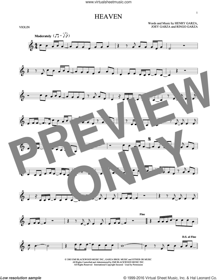 Heaven sheet music for violin solo by Los Lonely Boys, Henry Garza, Joey Garza and Ringo Garza, intermediate skill level