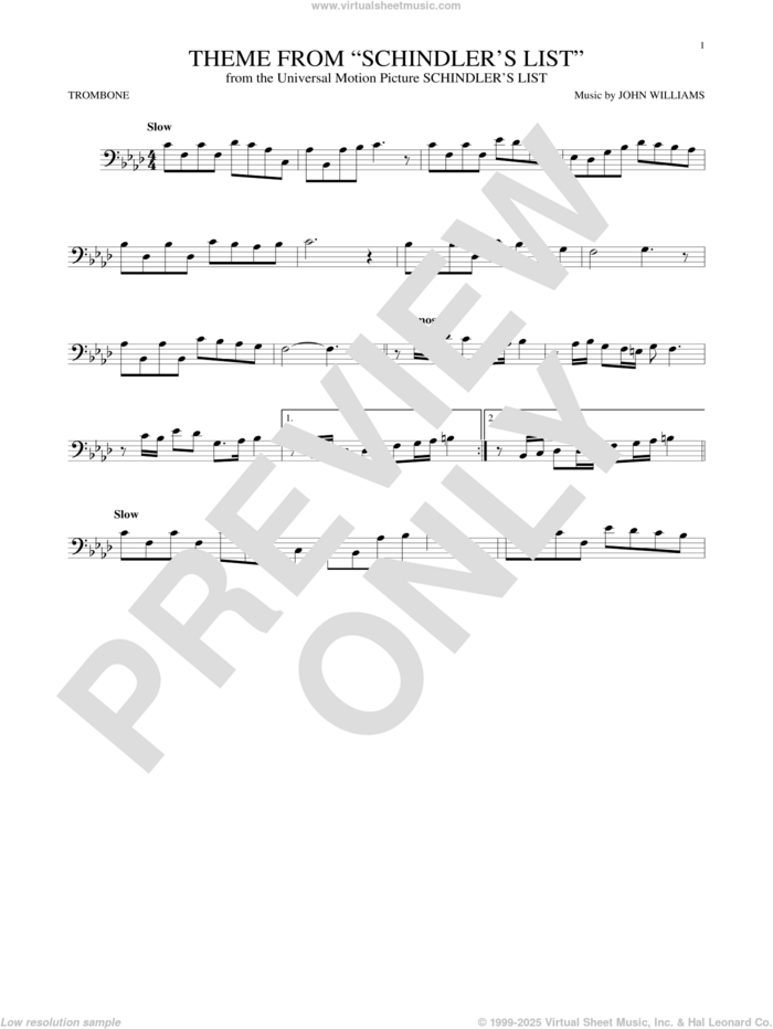 Theme From Schindler's List sheet music for trombone solo by John Williams, intermediate skill level