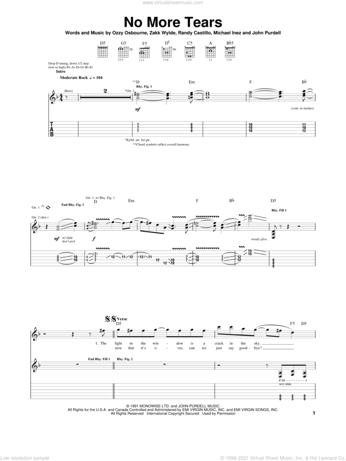 No More Tears sheet music for guitar (tablature) by Ozzy Osbourne, John Purdell and Mike Inez, intermediate skill level