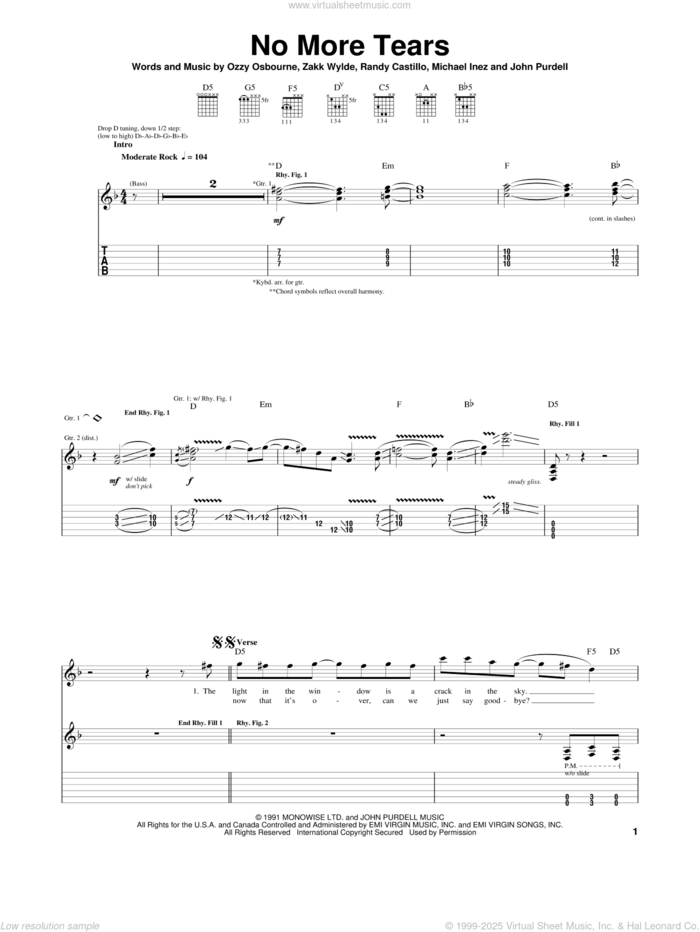 No More Tears sheet music for guitar (tablature) by Ozzy Osbourne, John Purdell and Mike Inez, intermediate skill level