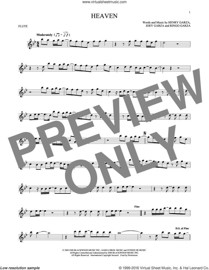Heaven sheet music for flute solo by Los Lonely Boys, Henry Garza, Joey Garza and Ringo Garza, intermediate skill level