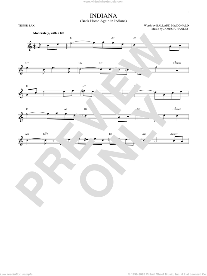 Indiana (Back Home Again In Indiana) sheet music for tenor saxophone solo by Ballard MacDonald and James Hanley, intermediate skill level