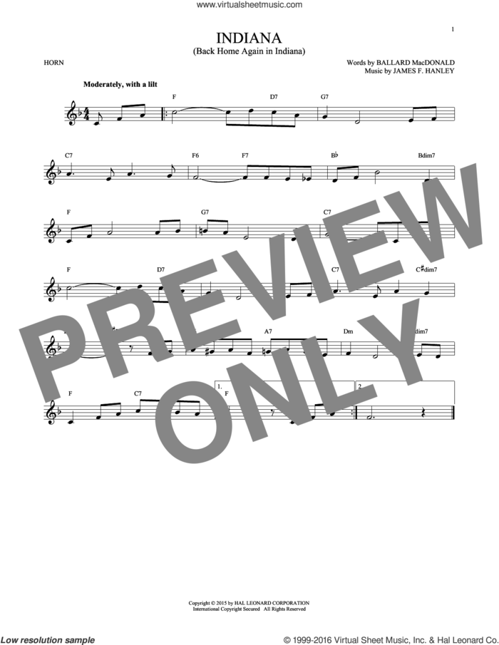 Indiana (Back Home Again In Indiana) sheet music for horn solo by Ballard MacDonald and James Hanley, intermediate skill level