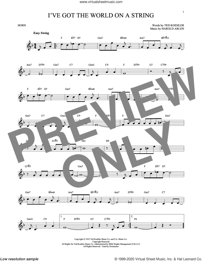 I've Got The World On A String sheet music for horn solo by Harold Arlen, Dick Hyman and Ted Koehler, intermediate skill level