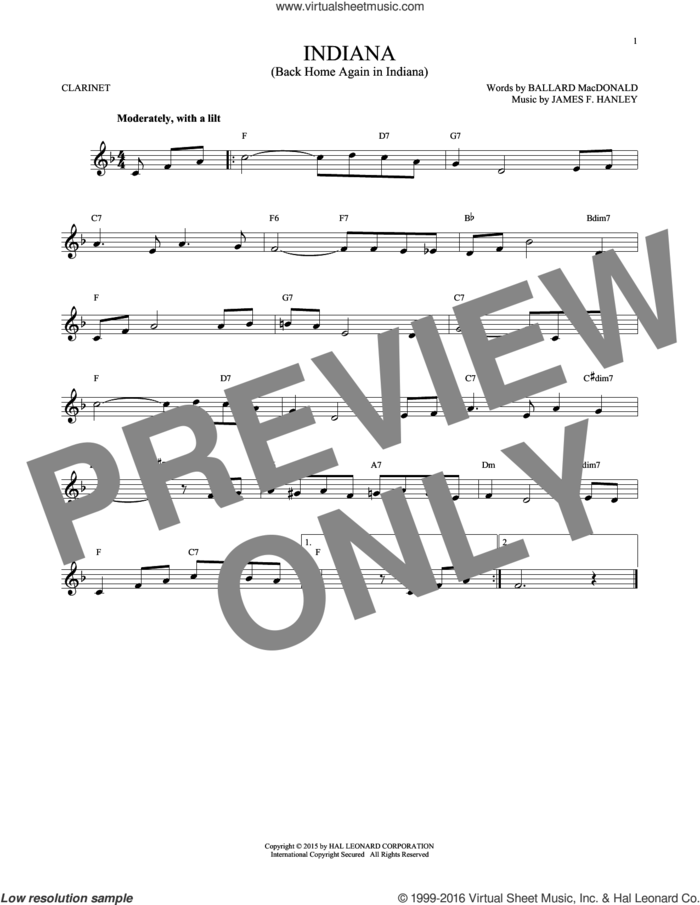 Indiana (Back Home Again In Indiana) sheet music for clarinet solo by Ballard MacDonald and James Hanley, intermediate skill level