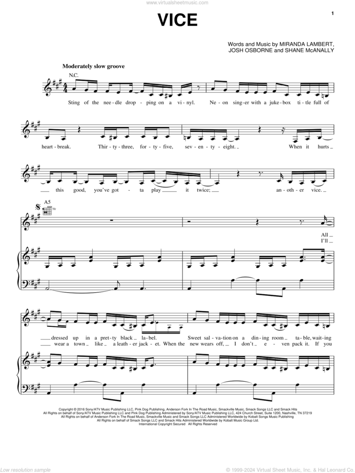 Vice sheet music for voice, piano or guitar by Miranda Lambert, Josh Osborne and Shane McAnally, intermediate skill level