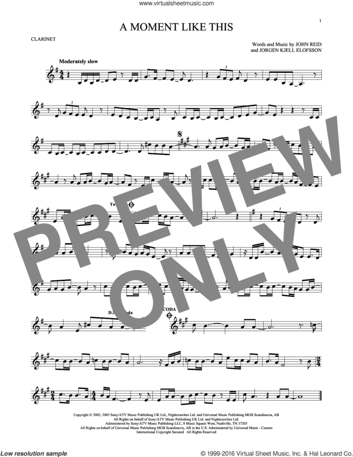 A Moment Like This sheet music for clarinet solo by Kelly Clarkson, John Reid and Jorgen Elofsson, intermediate skill level