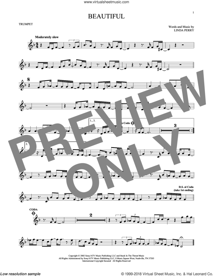 Beautiful sheet music for trumpet solo by Christina Aguilera and Linda Perry, intermediate skill level