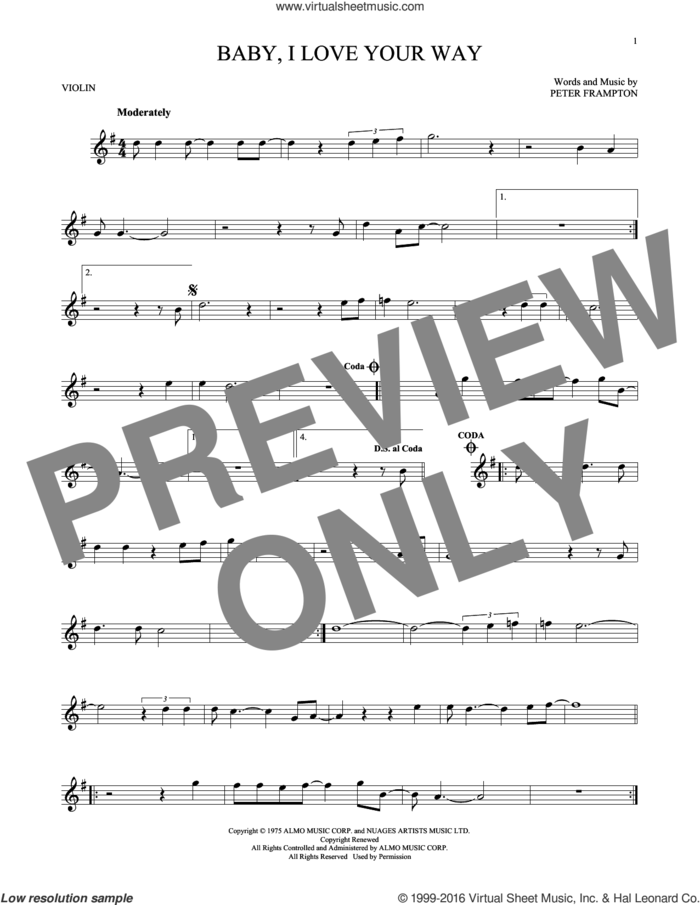 Baby, I Love Your Way sheet music for violin solo by Peter Frampton, intermediate skill level