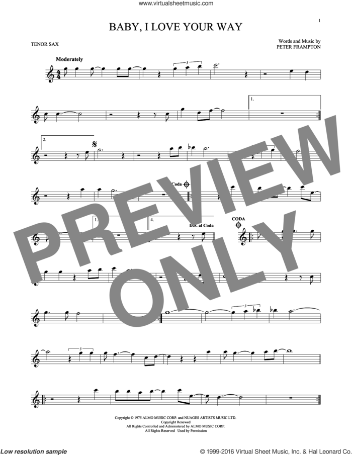 Baby, I Love Your Way sheet music for tenor saxophone solo by Peter Frampton, intermediate skill level