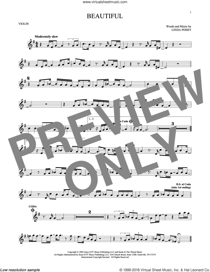 Beautiful sheet music for violin solo by Christina Aguilera, Christina Aguilera & Beverly McClellan and Linda Perry, intermediate skill level