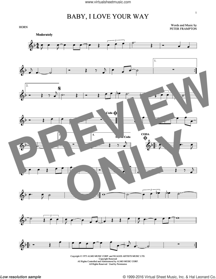 Baby, I Love Your Way sheet music for horn solo by Peter Frampton, intermediate skill level