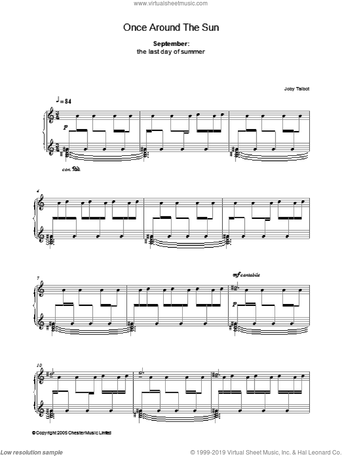 September (from Once Around The Sun) sheet music for piano solo by Joby Talbot, intermediate skill level