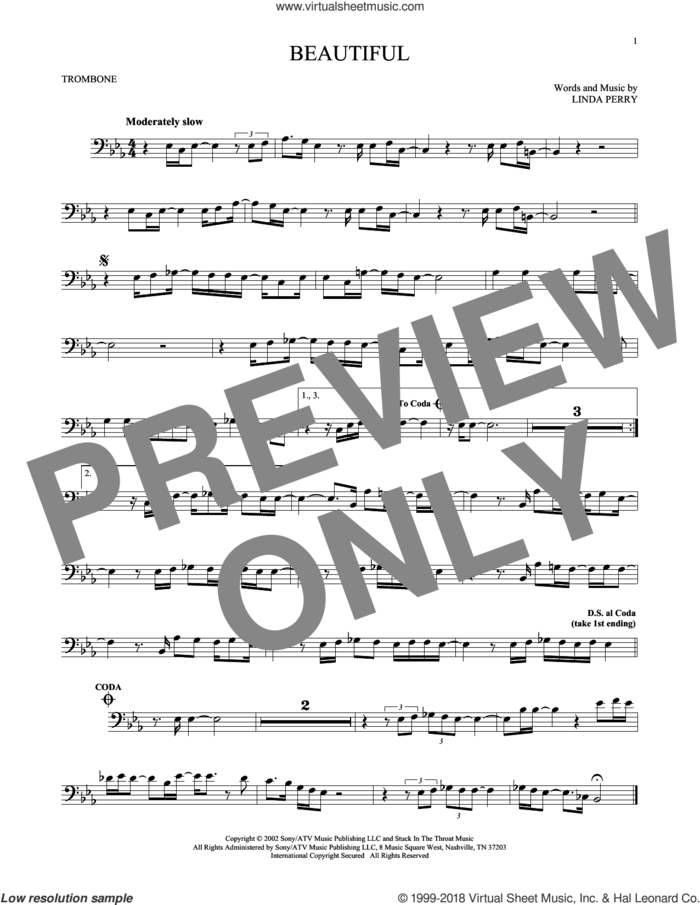 Beautiful sheet music for trombone solo by Christina Aguilera, Christina Aguilera & Beverly McClellan and Linda Perry, intermediate skill level