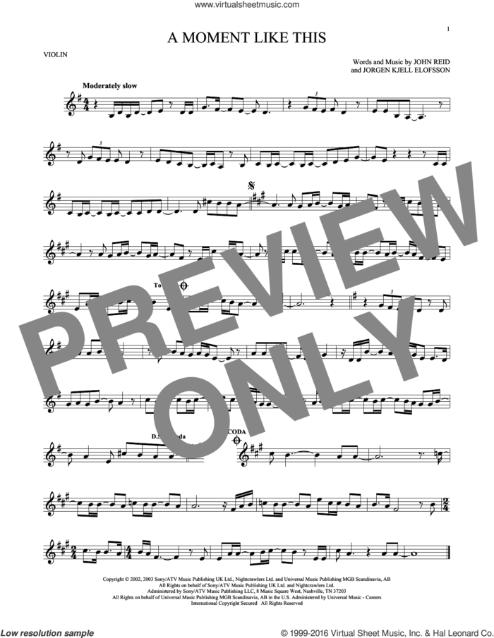 A Moment Like This sheet music for violin solo by Kelly Clarkson, John Reid and Jorgen Elofsson, intermediate skill level