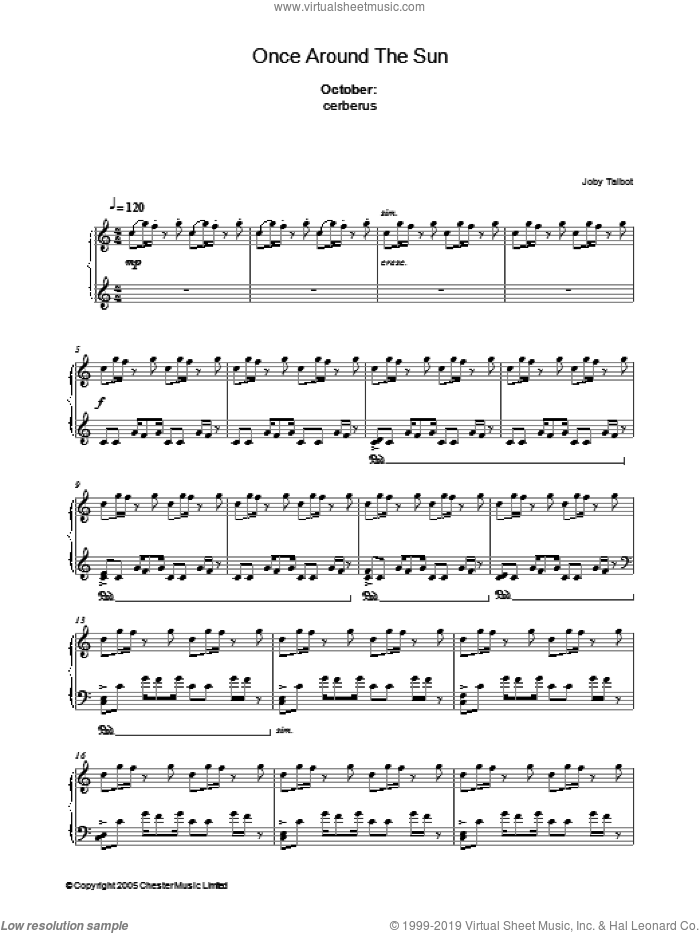 October (from Once Around The Sun) sheet music for piano solo by Joby Talbot, intermediate skill level