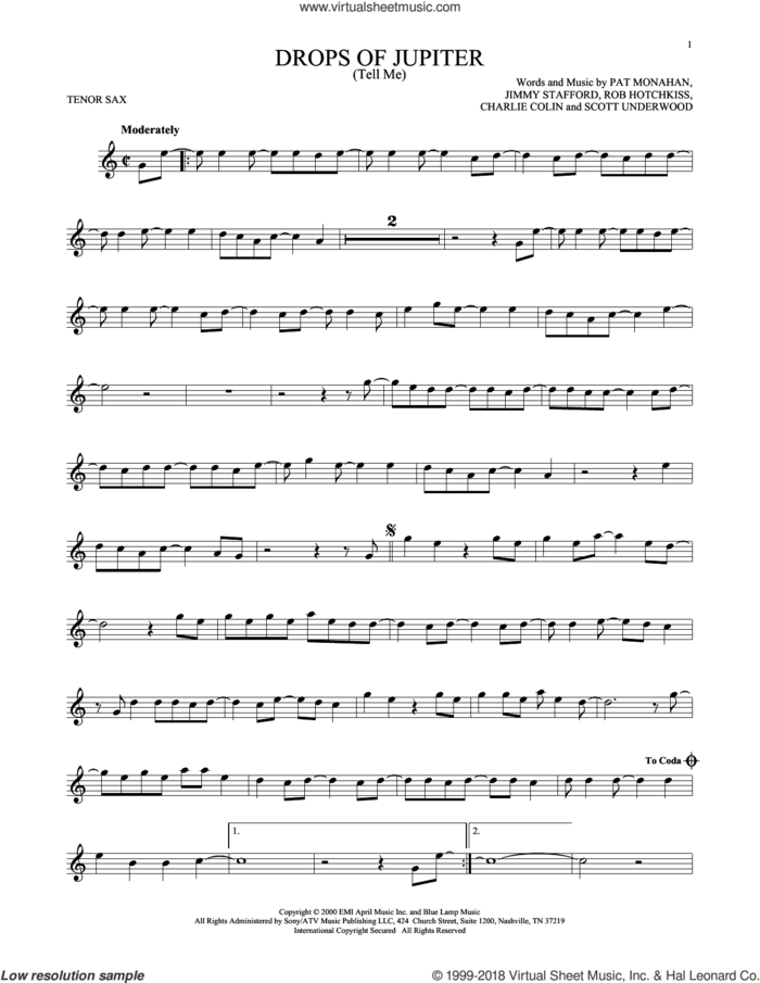 Drops Of Jupiter (Tell Me) sheet music for tenor saxophone solo by Train, Charles Colin, James Stafford, Pat Monahan, Robert Hotchkiss and Scott Underwood, intermediate skill level