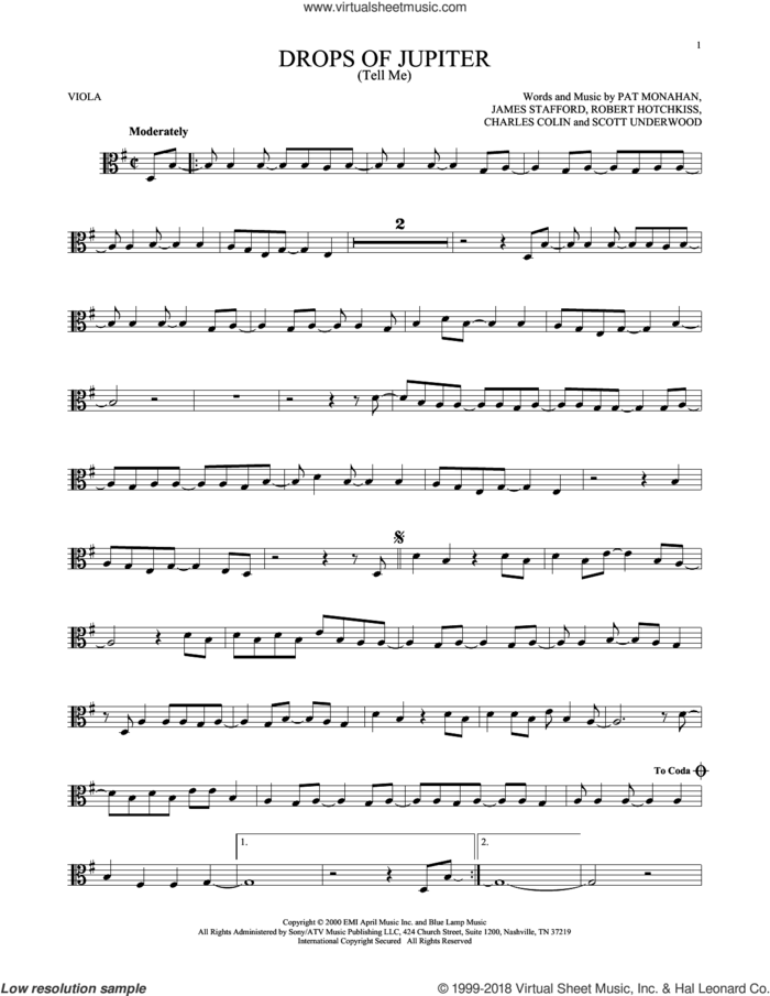 Drops Of Jupiter (Tell Me) sheet music for viola solo by Train, Charles Colin, James Stafford, Pat Monahan, Robert Hotchkiss and Scott Underwood, intermediate skill level