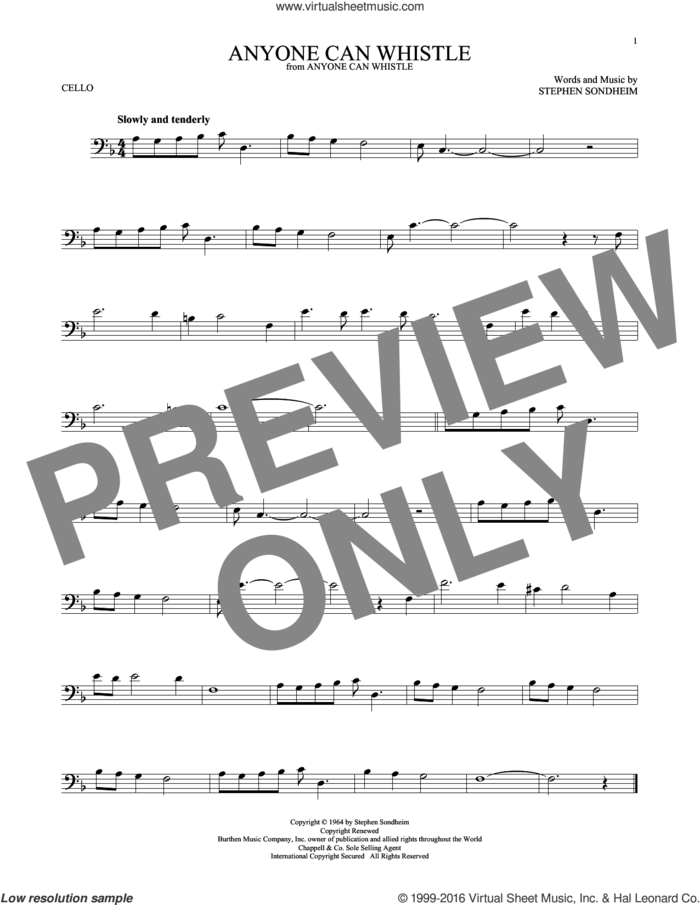 Anyone Can Whistle sheet music for cello solo by Stephen Sondheim, intermediate skill level