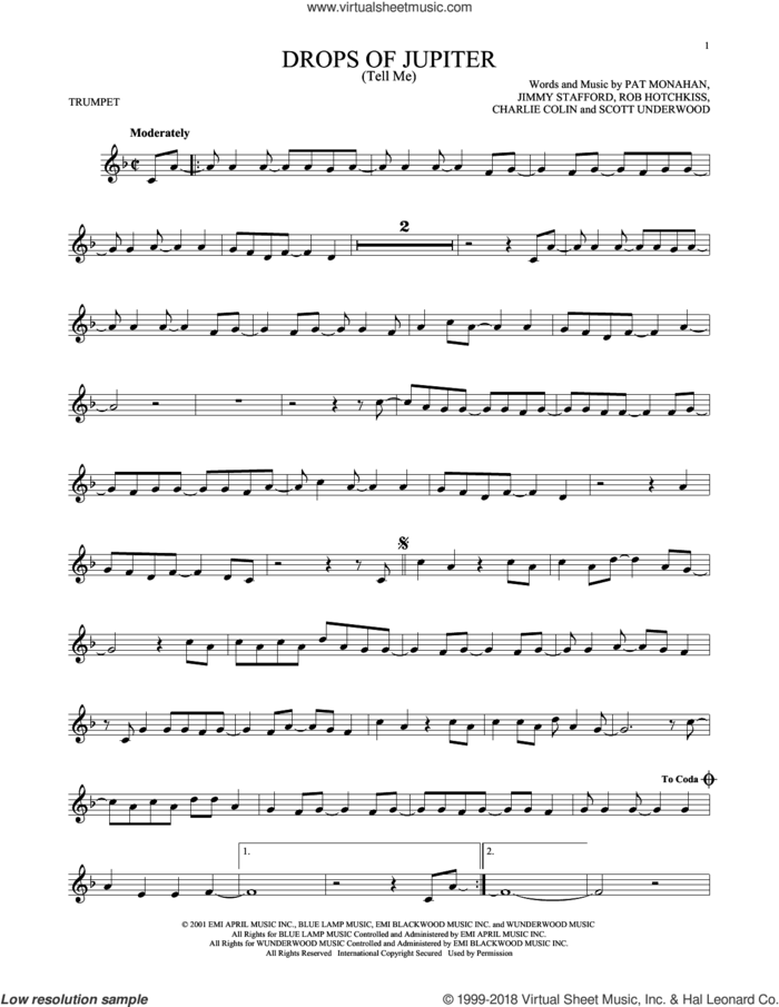 Drops Of Jupiter (Tell Me) sheet music for trumpet solo by Train, Charles Colin, James Stafford, Pat Monahan, Robert Hotchkiss and Scott Underwood, intermediate skill level