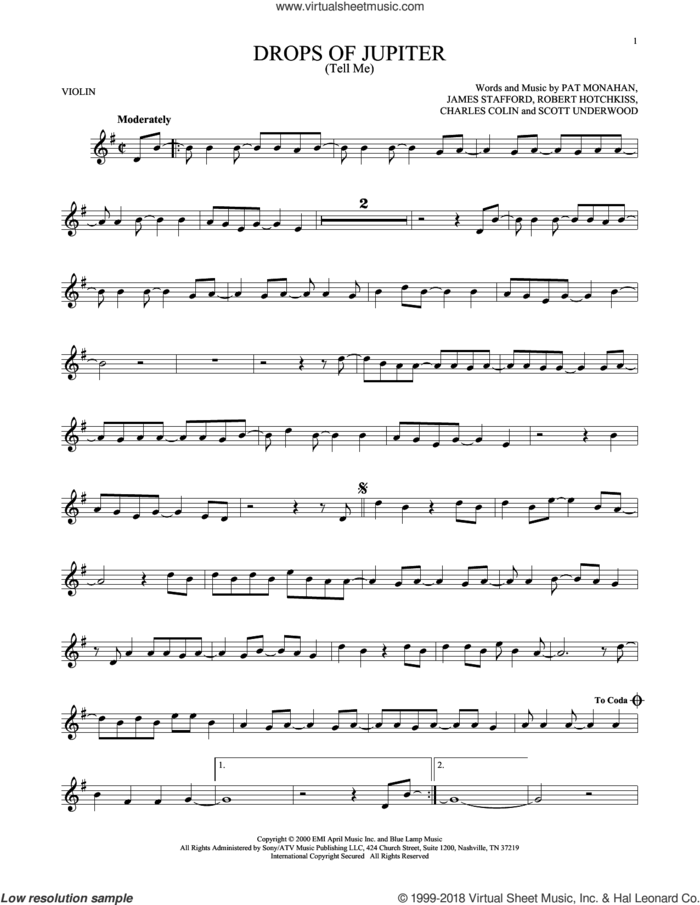 Drops Of Jupiter (Tell Me) sheet music for violin solo by Train, Charles Colin, James Stafford, Pat Monahan, Robert Hotchkiss and Scott Underwood, intermediate skill level