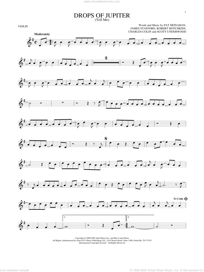 Drops Of Jupiter (Tell Me) sheet music for violin solo by Train, Charles Colin, James Stafford, Pat Monahan, Robert Hotchkiss and Scott Underwood, intermediate skill level