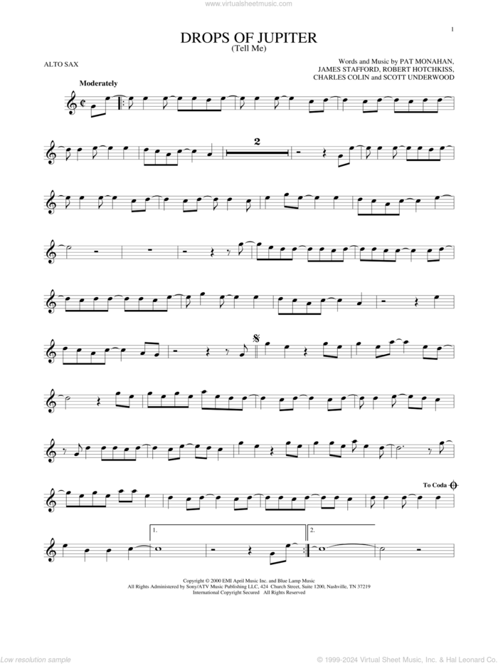 Drops Of Jupiter (Tell Me) sheet music for alto saxophone solo by Train, Charles Colin, James Stafford, Pat Monahan, Robert Hotchkiss and Scott Underwood, intermediate skill level