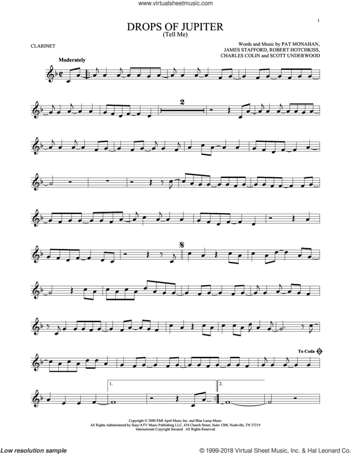 Drops Of Jupiter (Tell Me) sheet music for clarinet solo by Train, Charles Colin, James Stafford, Pat Monahan, Robert Hotchkiss and Scott Underwood, intermediate skill level