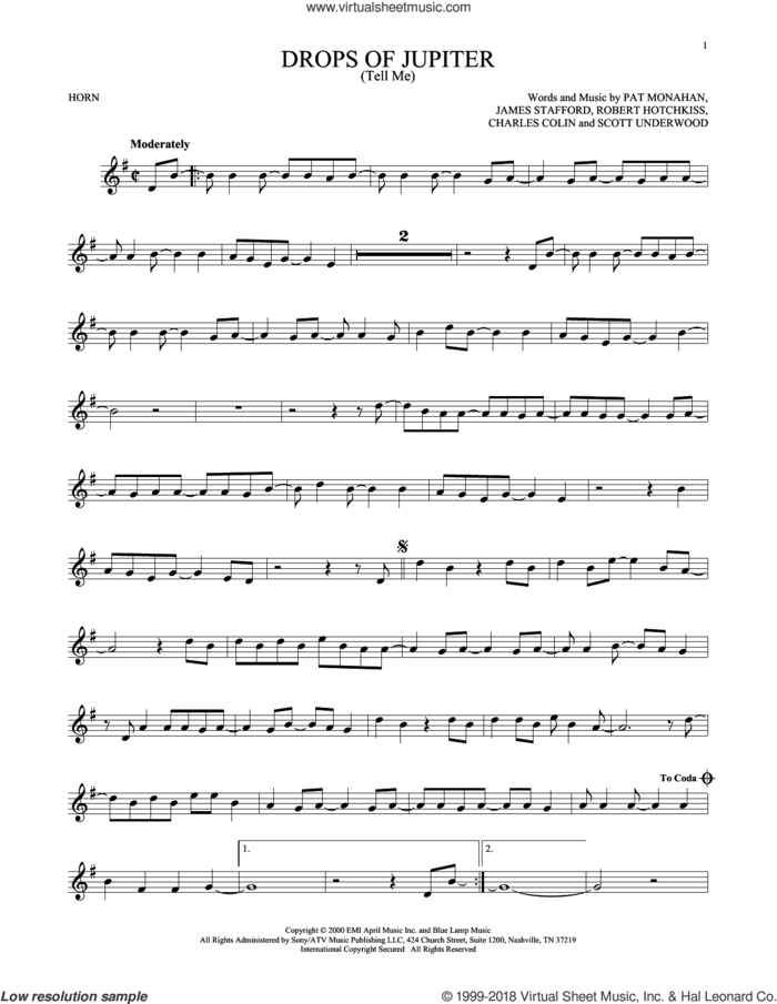 Drops Of Jupiter (Tell Me) sheet music for horn solo by Train, Charles Colin, James Stafford, Pat Monahan, Robert Hotchkiss and Scott Underwood, intermediate skill level